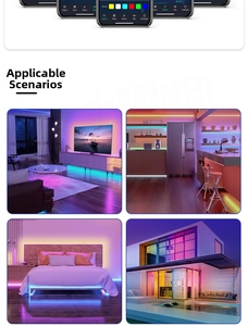 Smart RGB LED strip light app control and music sync modes in various home settings