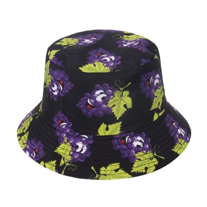 Black cotton bucket hat with cute cartoon grape patterns for outdoor summer sun protection