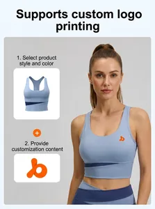 Gros plan d'un soutien-gorge de sport bleu avec logo et bande de couleur contrastée