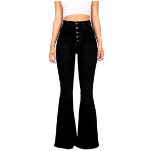 Women's high waist black flare jeans with five metal buttons on white background