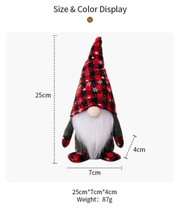Size chart for Christmas gnome doll with red plaid hat and white snowflake pattern