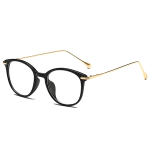 Chic black round cat-eye glasses frame with sleek gold metal temples on white background