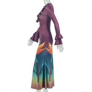 Detail of V-neck patchwork dress with tiered bell sleeves and tropical floral print
