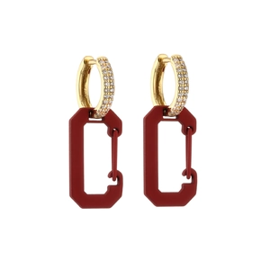 Gold earrings with micro-pave zircons and dark red geometric d-shaped pendants