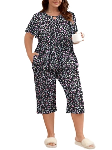 Close-up of black floral loungewear set featuring pink and blue flower prints for women
