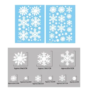 Detailed size chart for Christmas snowflake window stickers with dimensions and patterns