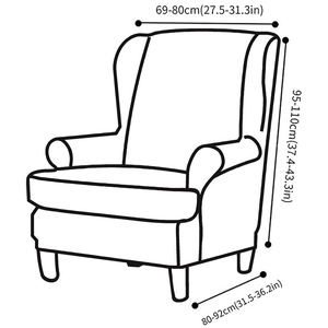 Size guide diagram for wingback chair slipcover with dimensions in cm and inches