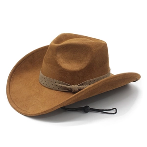 Classic retro brown suede cowboy hat with patterned band and adjustable chin strap