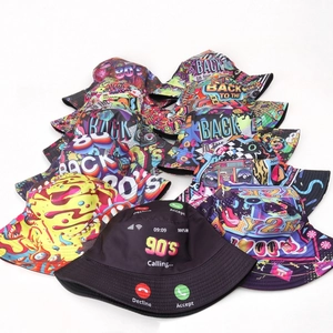 Retro 80s 90s theme reversible bucket hats with vintage patterns for sun protection