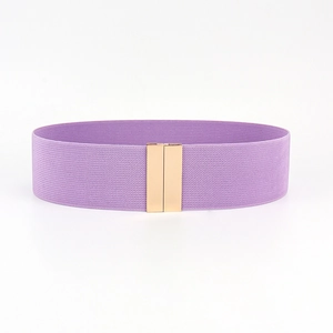 Detail of purple high-elastic waist belt with light gold rectangular metal buckle