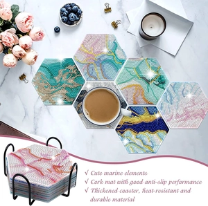 Detail of ocean diamond painting coaster with anti-slip cork base and thick heat resistance