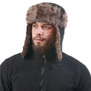 Waterproof trapper hat for men and women with faux fur lining and ear flaps in black
