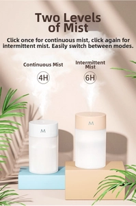 Detail of USB desktop humidifier showing dual mist modes and 4-6 hours spray settings