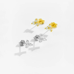 Elegant S925 sterling silver flower earrings with clear zircon stones in gold and silver