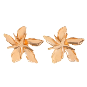 Elegant gold flower stud earrings with 3D pleated petal texture on white background