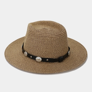 Classic khaki straw fedora hat with black leather band and silver metal oval studs