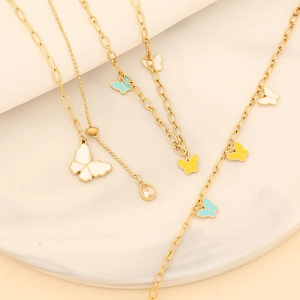 Fashion Stainless Steel Jewelry With Colorful Enamel Butterfly Pendants And Zircon Charms Necklace Bracelet