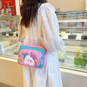 Pink and green unicorn crossbody bag for kids with adjustable rainbow shoulder strap