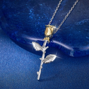 Elegant S925 sterling silver two-tone rose flower necklace with golden petals and silver chain