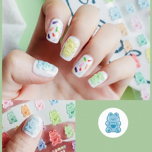 3D gummy bear nail art stickers with embossed colorful macaron lines and teddy designs
