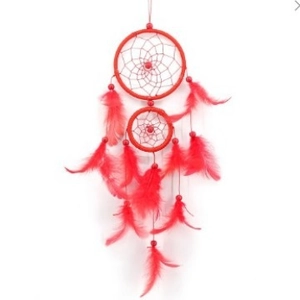Rainbow dream catcher with vibrant red feathers and double ring design for home decor