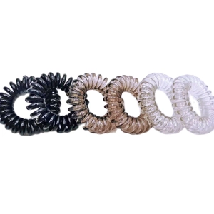 Set of 6 spiral telephone wire hair ties in black, brown and clear gradient colors