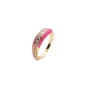 Adjustable gold plated open ring featuring pink enamel finish and clear zircon stones