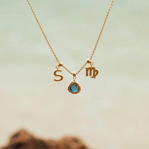 18K gold plated stainless steel necklace with blue birthstone and Virgo S pendant