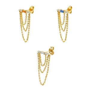 Detailed view of three-tier tassel earrings with baguette-cut gems in three colors