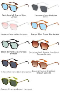 Macro display of nine vintage square pilot sunglasses in various frame and lens colors