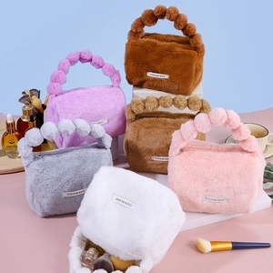 Plush Makeup Bag Cosmetic Pouch Fluffy Travel Storage Handbag Bubble Handle Soft Faux Fur Handheld Organizer Solid Color