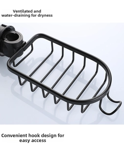 Detail of matte black faucet rack with hollow drainage and side hook on white background