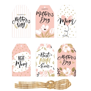 Detail view of Happy Mother's Day gift tags set with pink floral designs and hemp rope