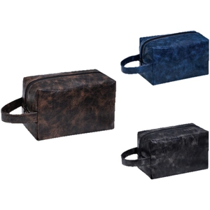 Waterproof PU leather toiletry bags in brown, blue and black with vintage marble texture