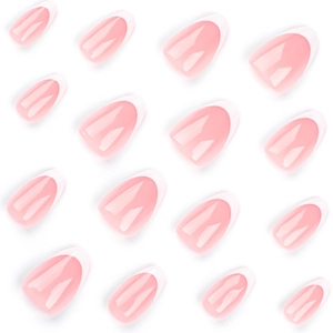Classic French tip press-on nails in pink translucent finish and short almond shape