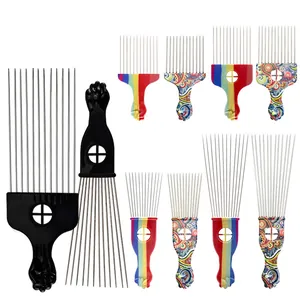 Afro Pick Hair Comb With Stainless Steel Pins And ABS Fist Handle For Curly Hair Styling Professional Barber Tool