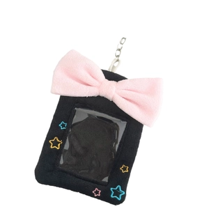 Cute black plush photo card holder with large pink bow and embroidered colorful stars