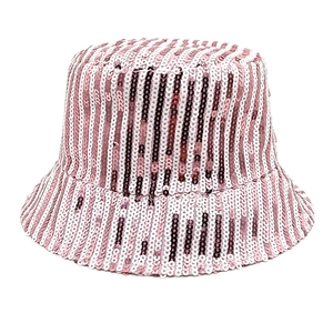 Detail of pink and white vertical stripes on a sequined bucket hat with shiny finish