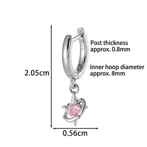 Silver star orbit earrings with pink heart zircon pendant and detailed size specifications