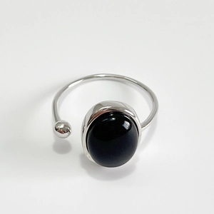 Minimalist 925 sterling silver open ring featuring oval black agate and bead accent
