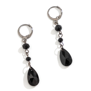 Gothic black faceted teardrop earrings with silver-gray metal hooks and small beads