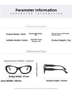 Detailed size chart for cat-eye glasses frame with measurements and material info