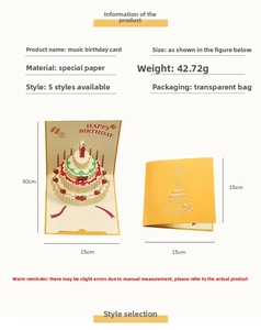 Detailed 3D pop-up birthday card with musical cake design and yellow cover