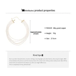 Detailed size and material specs for layered faux pearl necklace in gold alloy