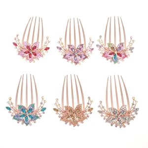 Set of six vintage floral rhinestone hair combs in pink, purple, blue, and gold finishes