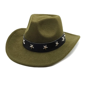 Detailed view of an olive green wool felt cowboy hat with silver star studded leather band