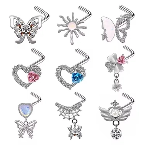 Stainless Steel Copper Rhinestone Nose Studs For Women Men Heart Spider Butterfly Star Moon L-Shaped Piercing Body Jewelry
