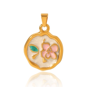Detail of gold-plated enamel pendant with pink floral design and white background