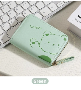 Detail of mint green PU leather zip wallet with cartoon bear and lovely text design