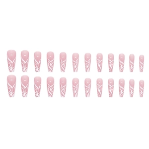 Long coffin press-on nails with white marble ripples and sheer pink base, 24 piece set